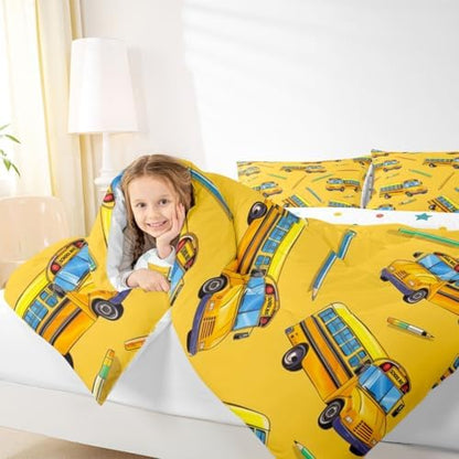 Erosebridal School Bus Bedding Set Full for Home, School Truck Comforter Set for Kids Boys Girls Teens Bedroom Decor, Cartoon Car Theme Comforter, Yellow Quilt with 2 Pillowcases, 3 Pcs