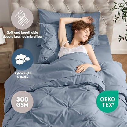 Nestl 7 Piece Twin XL Comforter Set – Stone Blue Pinch Pleated Bed in a Bag – Complete Twin XL Size Bedding Set with Sheets, Set of 2 Cooling Pillows, Pillowcase and Sham