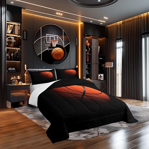 Castle Fairy Basketball Print Black and Orange Comforter Set Twin Size for Children,Teens Boys Kids Sports Bedding Set,Basketball Comforter Set 2 Pieces with 1 Pillowcases Quilt Set,Sport Style