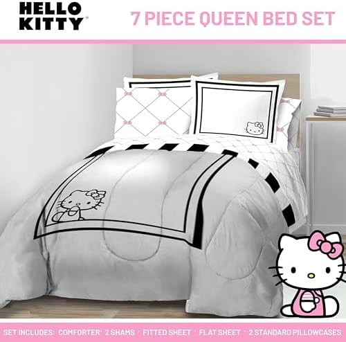 Sanrio Hello Kitty Queen Comforter Set 7 Piece Bedding for Girls, White