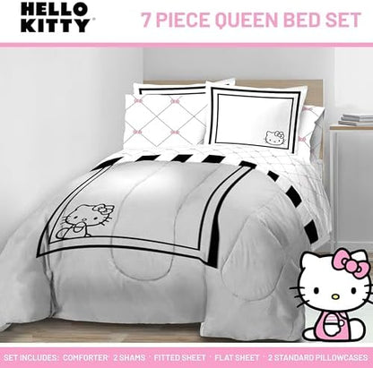 Sanrio Hello Kitty Queen Comforter Set 7 Piece Bedding for Girls, White