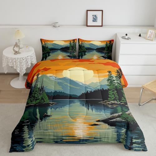 Happy Camping Comforter Set Queen Size,Mountain River Vintage Bedding Set for Kids Teens Adults Room Decor,Lake House Adventure Theme Duvet Insert 3Pcs,Sunset Natural Scenery Quilt Set,2 Pillowcases