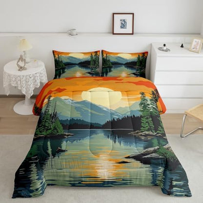 Happy Camping Bedding Set Full Size,Mountain River Vintage Comforter Set for Kids Teens Adults Room Decor,Lake House Adventure Theme Duvet Insert 3Pcs,Sunset Natural Scenery Quilt Set,2 Pillowcases