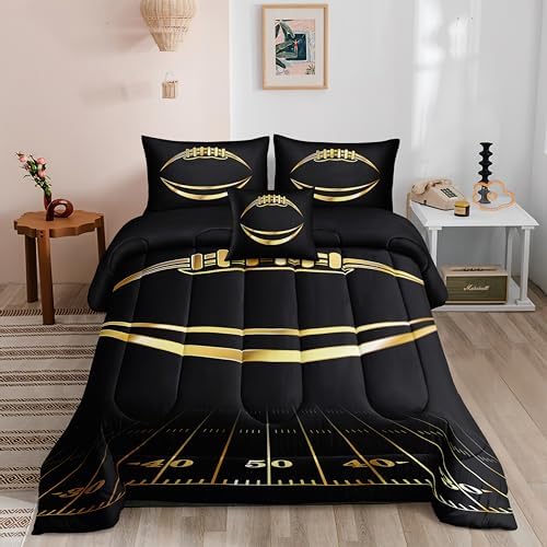 Football Comforter Sets,6 PCS Football Bedding Set for Boys,Kids Comforter Sets for Boys,Full Black and Gold Comforters Sets for Boy,Bed in A Bag with Sheets