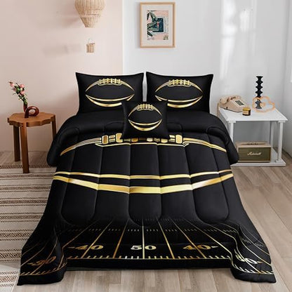 Football Comforter Sets,6 PCS Football Bedding Set for Boys,Kids Comforter Sets for Boys,Full Black and Gold Comforters Sets for Boy,Bed in A Bag with Sheets