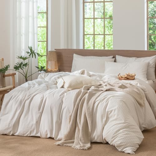 MooMee Striped Duvet Cover Set 100% Washed Cotton Linen Like Full