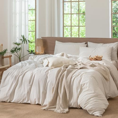 MooMee Striped Duvet Cover Set 100% Washed Cotton Linen Like King
