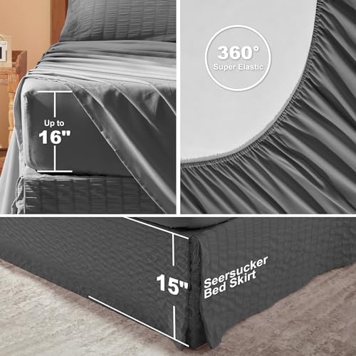 Laojin Balhen Twin Comforter Set 5 Pieces, Dark Grey Seersucker Bed in a Bag Set Twin Size, All Season Luxury Bedding Sets with Comforter, Sheets, Pillowcase & Sham