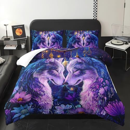 Purple Wolf Bedding Comforter Set Full Size，Dreamcatcher Flower Quilt Bedding Set Full，with 1 Comforter with 2 Pillow Case，Wolf Bedroom Decor for Kids Girls Boy