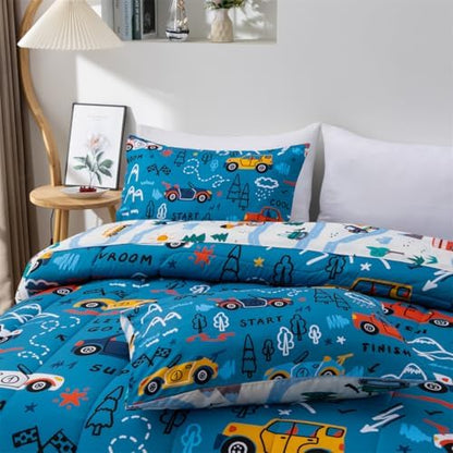 NTBED 5 Pieces Race Car Comforter Set Full for Boys Kids Bed in a Bag Vehicles Transportation Lightweight Microfiber Bedding Sets,Blue