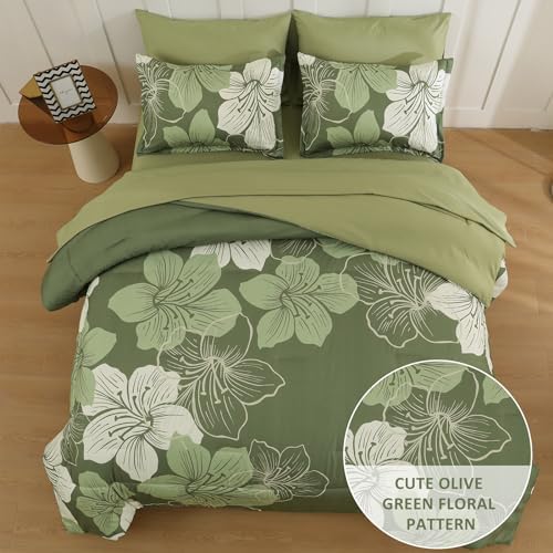 Olive Green Comforter Set Queen Size, 7 Pieces Floral Bed in a Bag