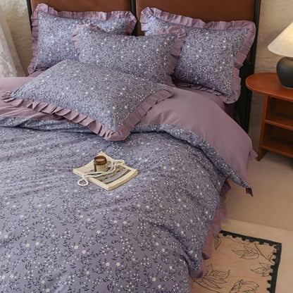 LifeTB Vintage Daisy Flower Duvet Cover Queen 100% Cotton Purple Ruffle Comforter Cover Floral Aesthetic Duvet Cover Romantic Princess Bedding Set Girls Lace Comforter Cover Queen with 2 Pillowcases