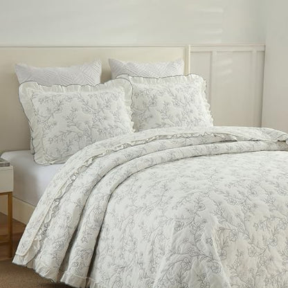 MarCielo 3-Piece 100% Cotton Bedspread Lightweight Quilt Coverlet Embroidery Farmhouse Bedding Set (Floral,King (106" X 98"))