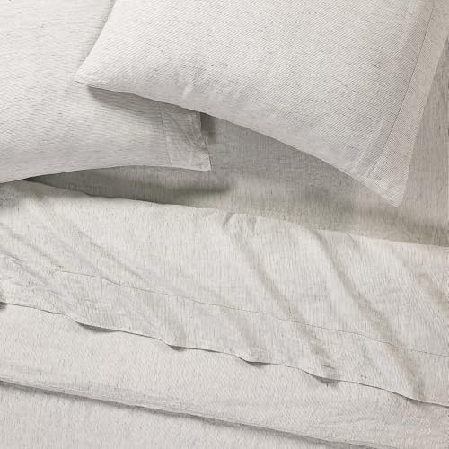 Sijo Stone Washed Organic French Linen Bed Sheet Set, GOTS Certified Organic, Best Cooling Linen Sheet Award by Sleep Foundation, 3 Piece - 2 Pillowcases and 1 Fitted Sheet (Pinstripe, Cal King)