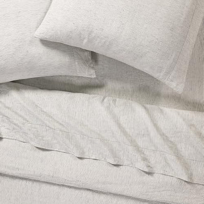 Sijo Stone Washed Organic French Linen Bed Sheet Set, GOTS Certified Organic, Best Cooling Linen Sheet Award by Sleep Foundation, 3 Piece - 2 Pillowcases and 1 Fitted Sheet (Pinstripe, King)
