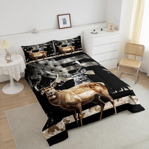 Feelyou Snowy Forest Deer Comforter Set with 1 Pillowcases,Camo American Flag Twin Bed in a Bag Rustic Hunting Wild Animal Bedding Set for Teen Mens Bedroom Decor,Elk Comforter Boys Room Decor