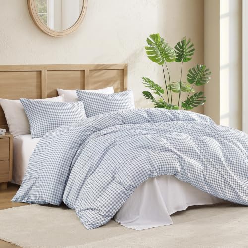 Andency Gingham Duvet Cover Twin Size, Misty Blue Checkered Plaid Bedding Set with Zipper Closure & Corner Ties, 2 Pieces Soft Prewashed Microfiber Comforter Cover for Dorm Kids