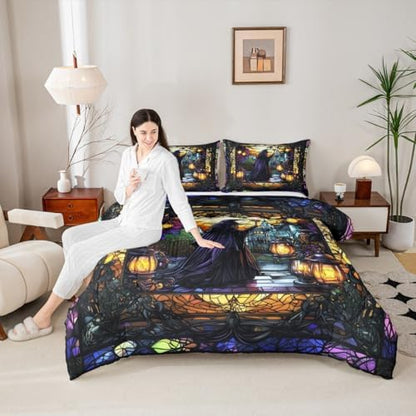 Fairy Witch Kids Comforter Set King Size,Halloween Lamp Gothic Magical Castle Bedding Set,Girls Boys Room Decor,Geometric Patchwork Glass Painting Quilt Comforter,Retro Duvet Insert,2 Pillowcases