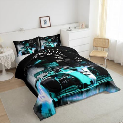 Feelyou Sports Car Bedding Set Formula Race Car Comforter Set for Kids Boys Girls Extreme Sports Theme Comforter Cool Speed Teal Blue Decor Quilt Set Bedroom Collection 3Pcs Queen Size