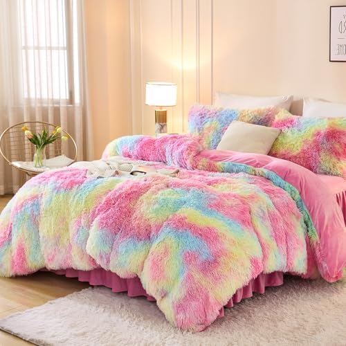 Andency Tie-Dyed Rainbow Queen Comforter Set, Fluffy Faux Fur Bedding Set