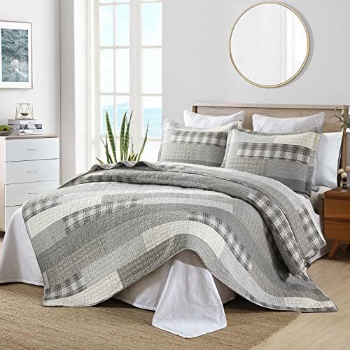 Finlonte Queen Size Quilt Set, Grey(Gray) Patchwork Plaid, 90"x98", 3 Pieces