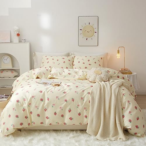 VM VOUGEMARKET Kids Duvet Cover Set Twin XL Kawaii Strawberry Duvet Cover with 2 Pillowcases 100% Cotton Fruit Comforter Cover with Zipper for Teen Girls Room Decor-68x90 Inch