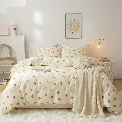 VM VOUGEMARKET Kids Duvet Cover Set Twin XL Kawaii Strawberry Duvet Cover with 2 Pillowcases 100% Cotton Fruit Comforter Cover with Zipper for Teen Girls Room Decor-68x90 Inch