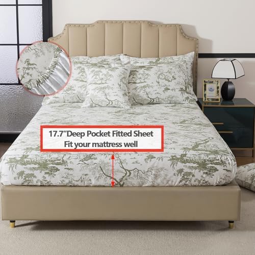 FADFAY Toile Sheets Set Cal King Sage Green Toile de Jouy Bedding Pastoral French Country Bedding 100% Egyptian Cotton Farmhouse Sheets Breathable Soft 4Pcs Deep Pocket Sheet Set for All Seasons