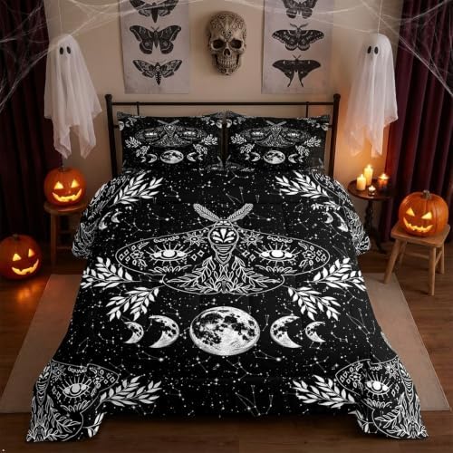 Erosebridal Gothic Moth Comforter Set Twin Size Skeleton Halloween Boho Death Moth Decor Quilted Duvet Animal Skeleton Skull Down Comforter Bohemian Sun and Moon Duvet Insert with 1 Pillowcase