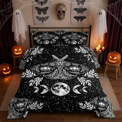 Erosebridal Gothic Moth Comforter Set Twin Size Skeleton Halloween Boho Death Moth Decor Quilted Duvet Animal Skeleton Skull Down Comforter Bohemian Sun and Moon Duvet Insert with 1 Pillowcase