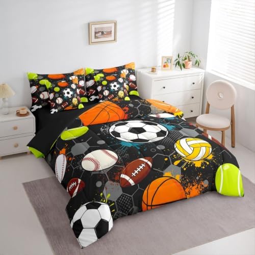 Feelyou Soccer Baseball Football Comforter Set Queen Size 7 Pieces Ball Game Bedding Set for Kids Boys Girls Honeycomb Bed in a Bag with Comforter, Sheets, Pillowcases, Cushion Covers Lightweight