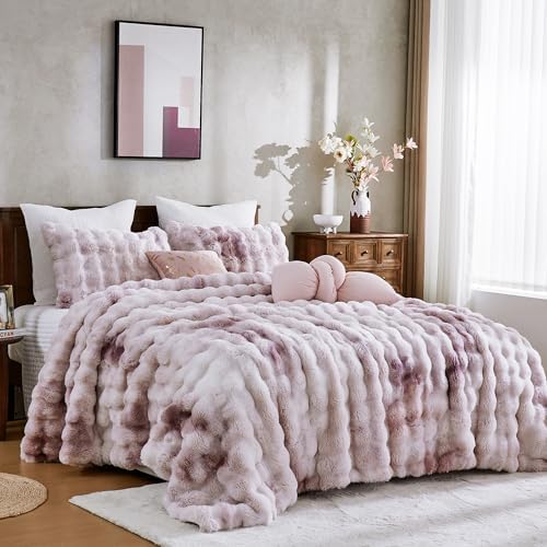 Wonderful - 3 Pieces Faux Rabbit Fur Comforter Set King Size, Purple Pink Tie Dye Plush Bedding Set, 3D Sculpted Bubble Warm Fluffy Comforter for Winter