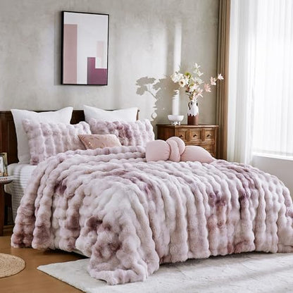 Wonderful - 3 Pieces Faux Rabbit Fur Comforter Set King Size, Purple Pink Tie Dye Plush Bedding Set, 3D Sculpted Bubble Warm Fluffy Comforter for Winter