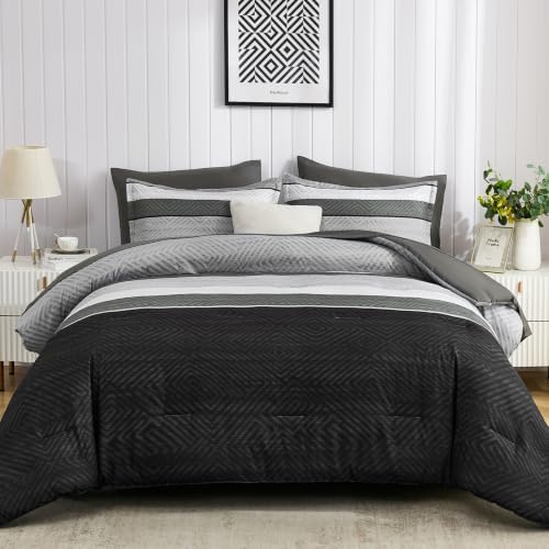 Comforter Set Queen Size 7 Piece Bed in a Bag Boho Black Striped Bedding Set Soft Microfiber Comforter and Sheet Set for All Season (Queen, 90"x90")