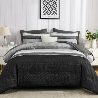 Comforter Set Queen Size 7 Piece Bed in a Bag Boho Black Striped Bedding Set Soft Microfiber Comforter and Sheet Set for All Season (Queen, 90"x90")