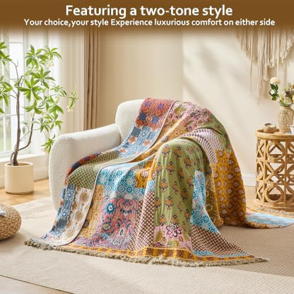 VANJOROY Boho Throw Blanket, 100% Organic Cotton Breathable Skin-Friendly Ultra Soft 50" x 60" Bed Quilt Patchwork Throw - Floral Luxury Reversible Blanket for Sofa Couch Chair and Gift,