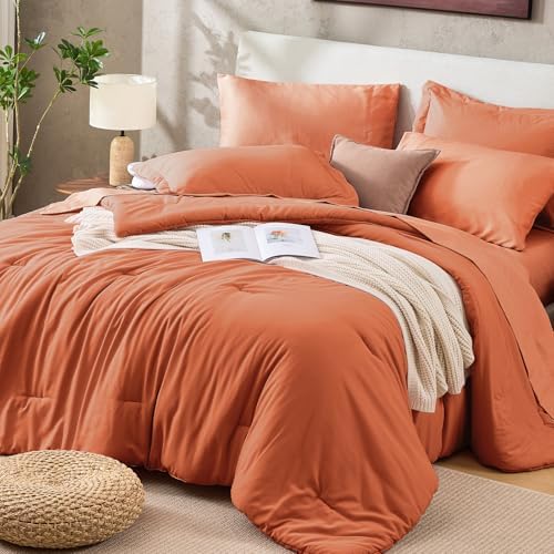 Sasttie Queen Comforter Set 7-Piece Burnt Orange, Pre-Washed Bed in a Bag