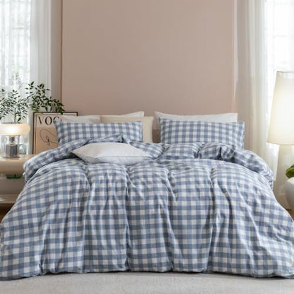 JIYUAN Full Washed Cotton Duvet Cover Set, 3-Piece, Large Gingham