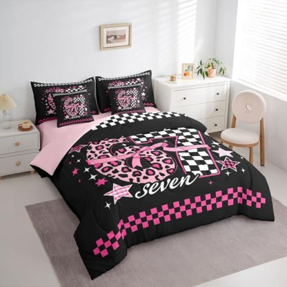 Erosebridal Pink Black Girly Fashion Twin Comforter Set 7 Piece for Girls 67 Bow Bedding Set Leopard Print Plaid Number Bed in A Bag Fashion Trendy Y2K Style Sheet Set with Comforter
