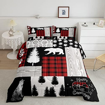 Woodland Animal Bedding Set,Buffalo Plaid Red and Black Comforter Set Twin,Bear Wolf Wildlife Rustic Cabin Bedding Comforter Sets for Boys Girls Camper Decor,Jungle Pine Tree Patchwork Quilt