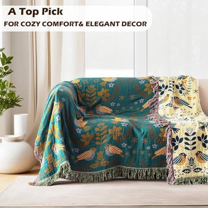 VANJOROY Boho Throw Blanket, 100% Organic Cotton Breathable Ultra Soft 80" x 90" Bed Quilt Throw - Floral Rustic Bird Farmhouse Decor Luxury Reversible Blanket for Sofa Couch Chair and Gift,Teal/Beige