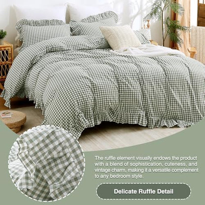 ATsense Green Gingham Ruffle Duvet Cover Set Cotton Like Linen, Queen
