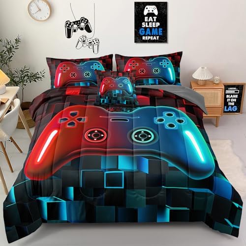 6 Pieces Kids Full Size Gaming Bedding Set, Red Blue 3D Gradient Game Controller Comforter Set for Boys Girls Teens, Gamer Bed in a Bag Room Decor All Season Full53