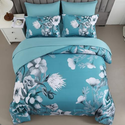 Luxudecor Floral Comforter Set King Size 7 Piece, Teal Blue Flower Bed in a Bag, Elegant Comforter Bedding Set for All Season (Teal Blue, 104"x90")