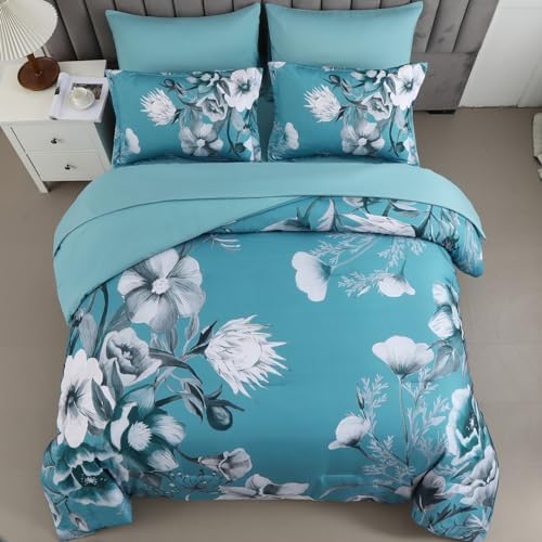 Luxudecor Floral Comforter Set Full Size 7 Piece, Teal Blue Flower Bed in a Bag, Elegant Comforter Bedding Set for All Season (Teal Blue, 80"x90")