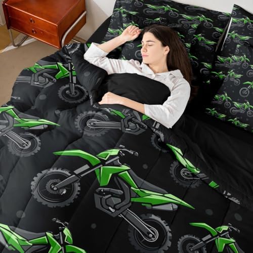 Erosebridal Boys Green Motocross Queen Bed in A Bag, Dirt Bike Comforter Set with Sheets, Racing Motocross 7 Pcs Bedding Set, Cool Motorcycle Black Bed Sets for Kids Teens Youth Men Bedroom Decor