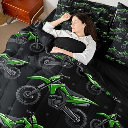 Erosebridal Boys Green Motocross Queen Bed in A Bag, Dirt Bike Comforter Set with Sheets, Racing Motocross 7 Pcs Bedding Set, Cool Motorcycle Black Bed Sets for Kids Teens Youth Men Bedroom Decor