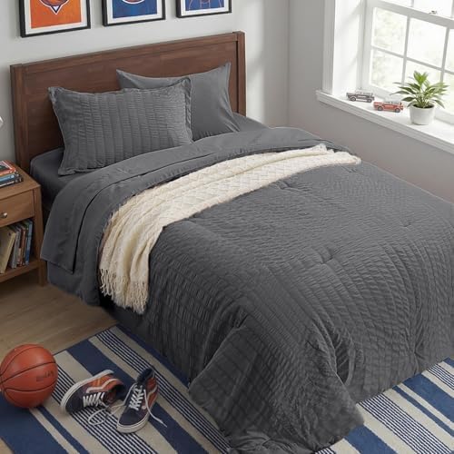 Twin Comforter Set 5 Piece, Dark Grey Bed in a Bag Twin Size Bedding Sets