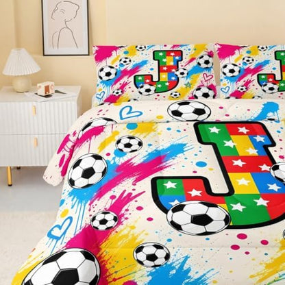 BSNTHO Soccer Full Size, Comforter Set Colorful Kids Comforter 3Pcs