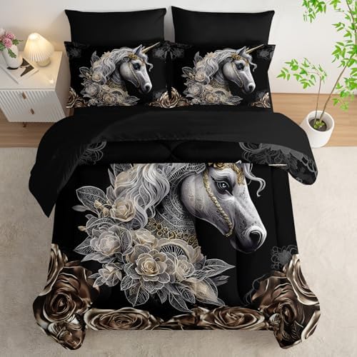7 Piece Queen Size Horse Comforter Set with Sheets，Queen Horse Bedding Sets for Girls，(1 Comforter, 1 Flat Sheet, 1 Fitted Sheet, 2 Pillowcase and 2 Pillow Sham)